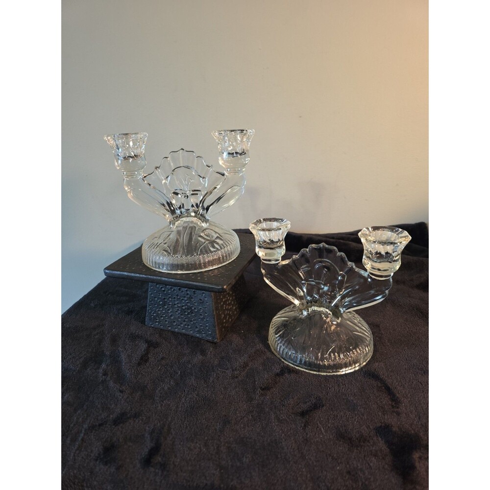 Double Candle Holder IRIS Jeannette Glass Iris and Herringbone PAIR